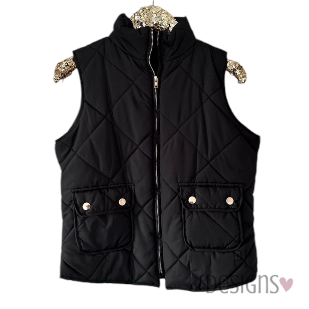 Puffer Vest Black Gold Snaps Full Zipper Small
